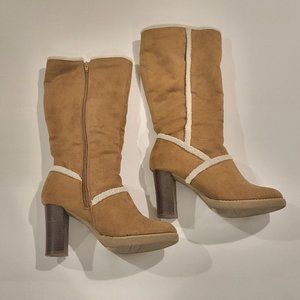 Fioni Brown Suede Cream Faux Fur Trim Zip Up Block High Heel Boots Women's 8
